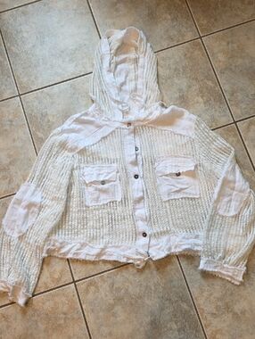POL White Crochet Hooded Button-Up Sweatshirt